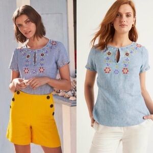 Boden Laura Linen Embroidered Chambray Top US 14